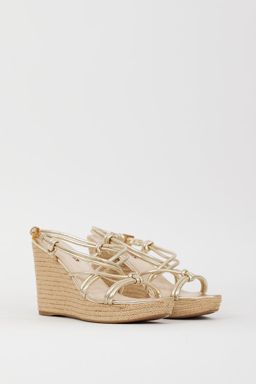 Prada Sport Gold Leather 
Espadrille Wedge Sandal