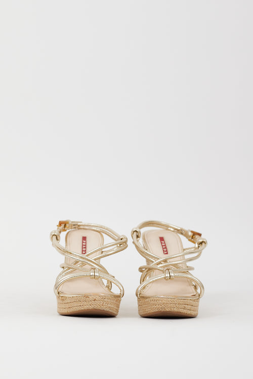 Prada Sport Gold Leather 
Espadrille Wedge Sandal