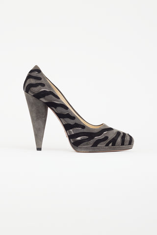 Prada Grey 
Black Suede Abstract Pump