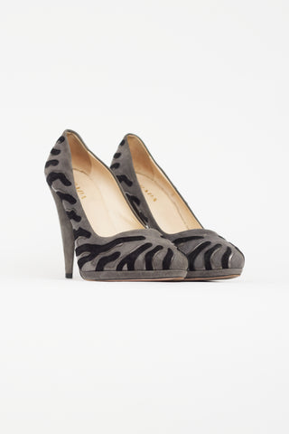 Prada Grey 
Black Suede Abstract Pump