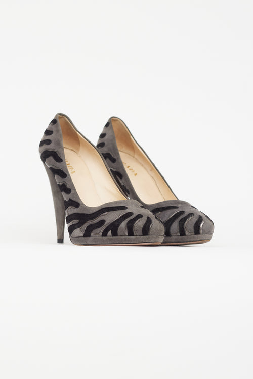 Prada Grey 
Black Suede Abstract Pump