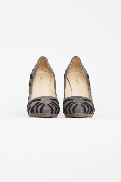 Prada Grey 
Black Suede Abstract Pump