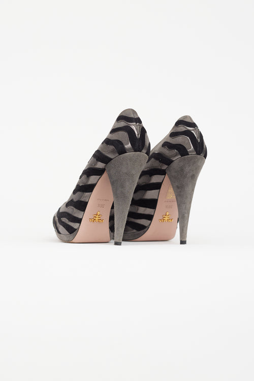 Prada Grey 
Black Suede Abstract Pump