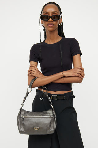 Prada Metal Grey Pushlock Shoulder Bag