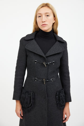 Prada Grey 
Black Wool Fur Pocket Coat