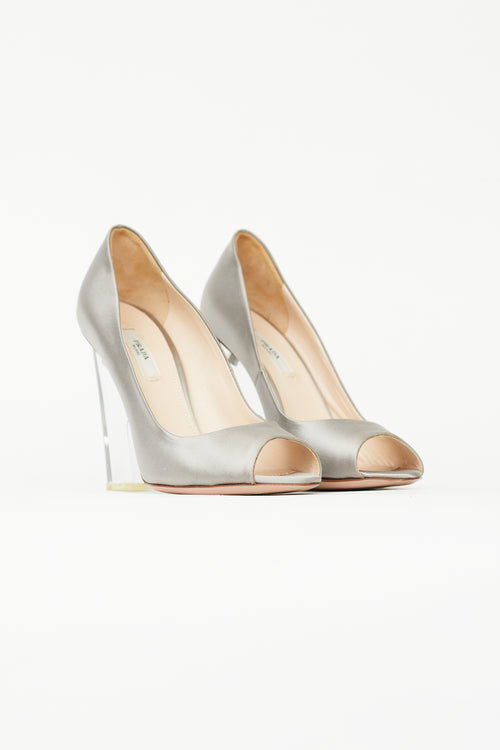 Prada Grey Satin 
Clear Heel