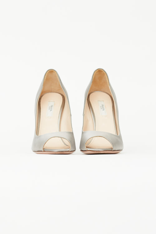 Prada Grey Satin 
Clear Heel