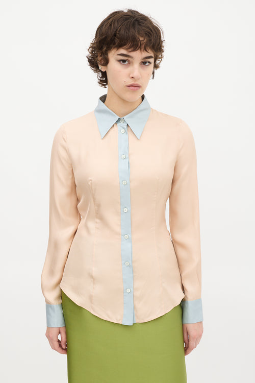 Prada Light Pink 
Blue Silk Contrast Shirt