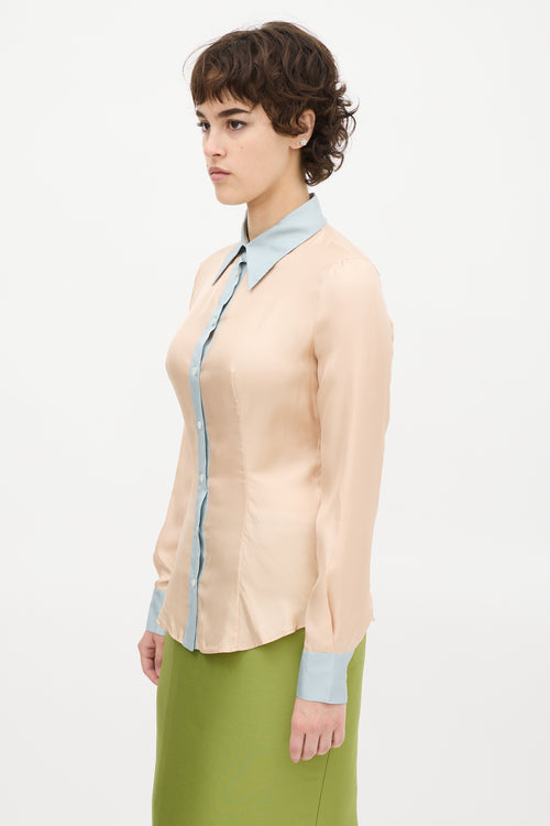 Prada Light Pink 
Blue Silk Contrast Shirt