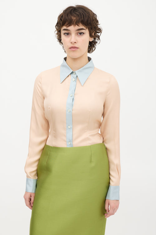 Prada Light Pink 
Blue Silk Contrast Shirt