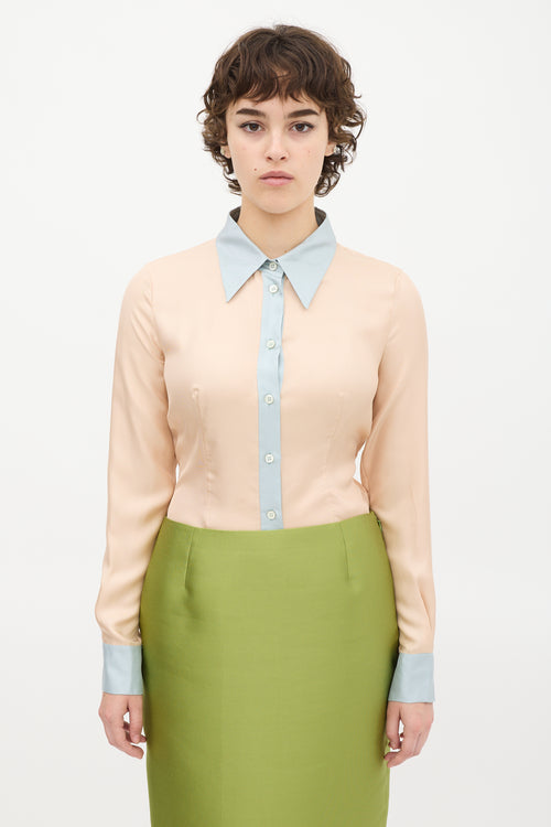 Prada Light Pink 
Blue Silk Contrast Shirt