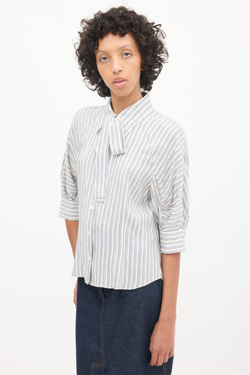 Prada Light Blue 
Multicolour Striped Gathered Shirt