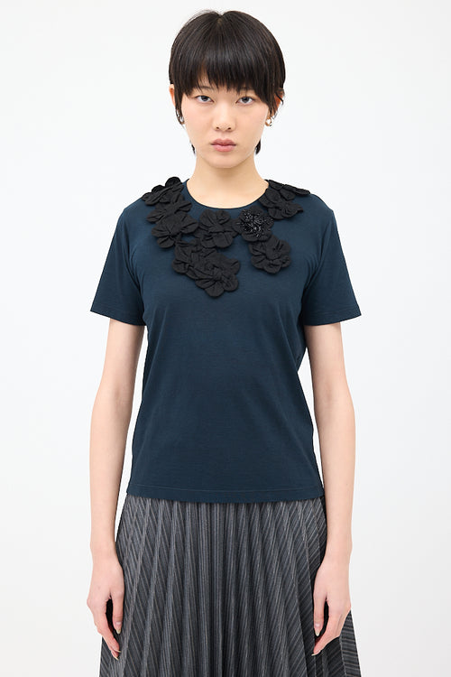 Prada Navy 
Black Floral Applique T-Shirt