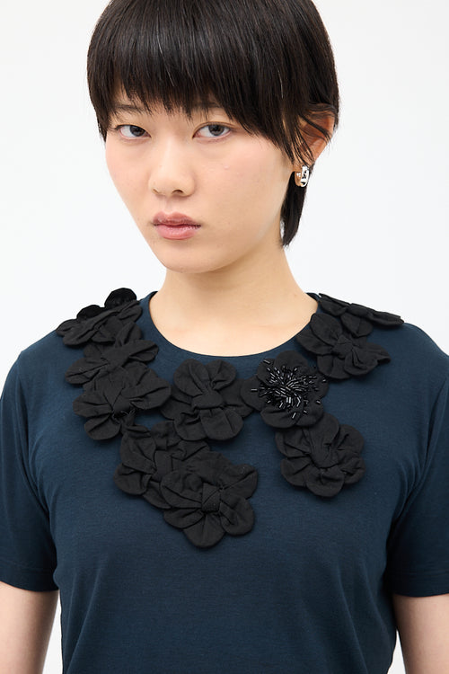 Prada Navy 
Black Floral Applique T-Shirt