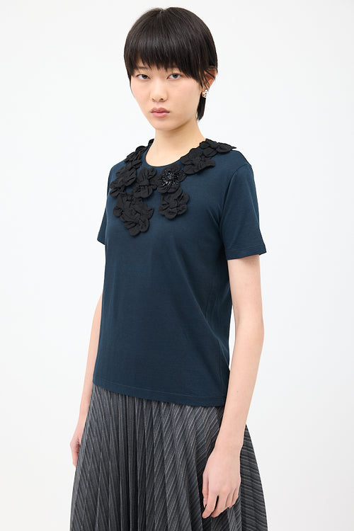 Prada Navy 
Black Floral Applique T-Shirt