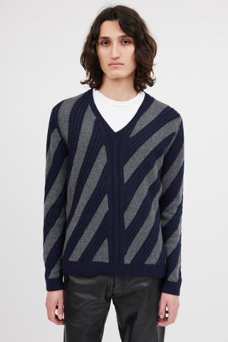 Prada Navy 
Grey V-Neck Patterned Sweater