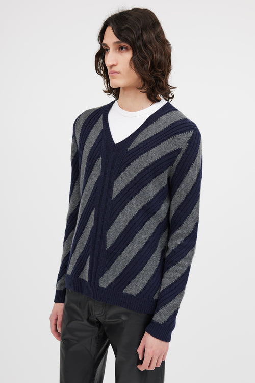 Prada Navy 
Grey V-Neck Patterned Sweater