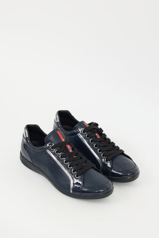 Prada Navy Leather 
Patent Lace Up Sneaker