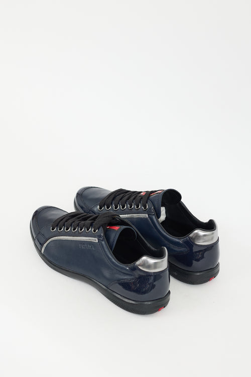 Prada Navy Leather 
Patent Lace Up Sneaker