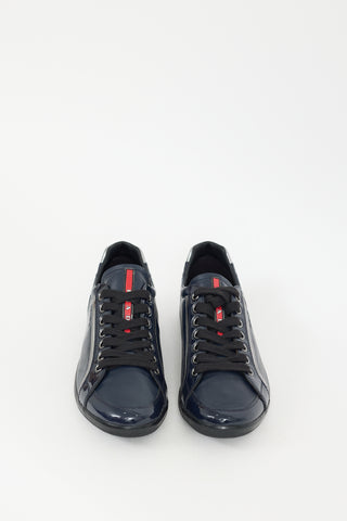 Prada Navy Leather 
Patent Lace Up Sneaker