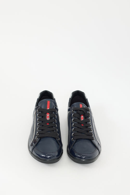 Prada Navy Leather 
Patent Lace Up Sneaker