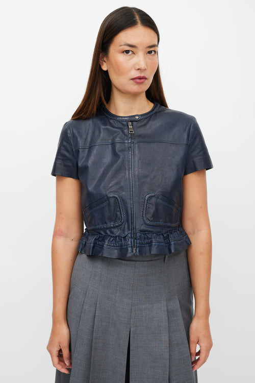 Prada Navy Leather Ruffled Top