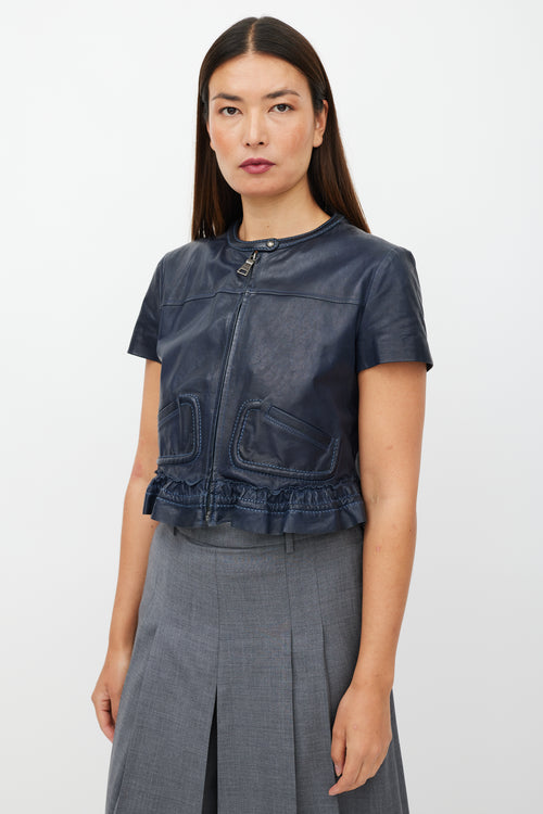 Prada Navy Leather Ruffled Top