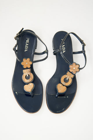 Prada Navy Patent Leather 
Wood Embellished Sandal