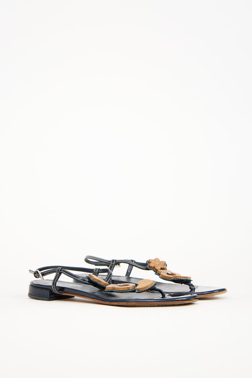 Prada Navy Patent Leather 
Wood Embellished Sandal