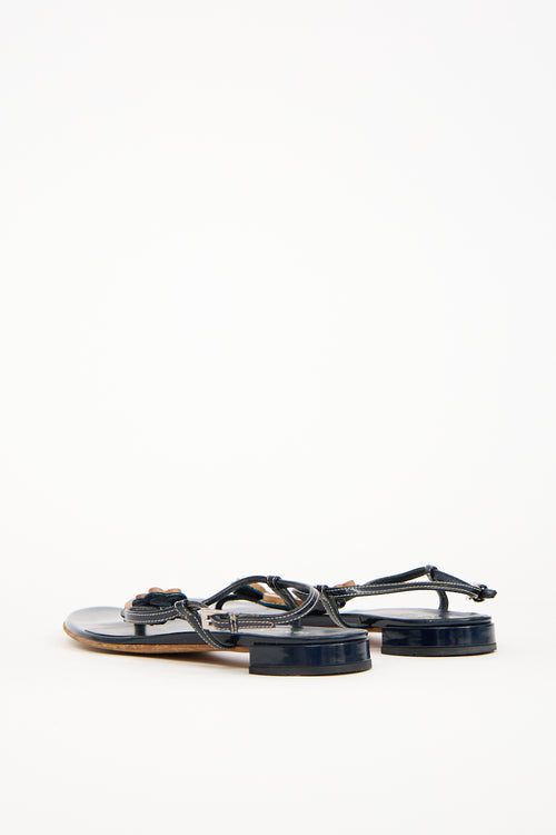 Prada Navy Patent Leather 
Wood Embellished Sandal