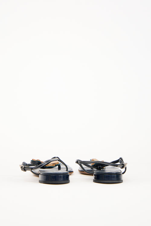 Prada Navy Patent Leather 
Wood Embellished Sandal