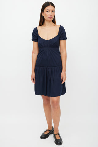 Prada Navy Pleated Ruffled Dress