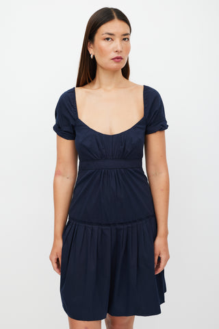 Prada Navy Pleated Ruffled Dress