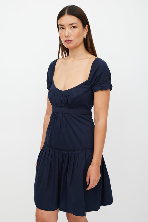 Prada Navy Pleated Ruffled Dress