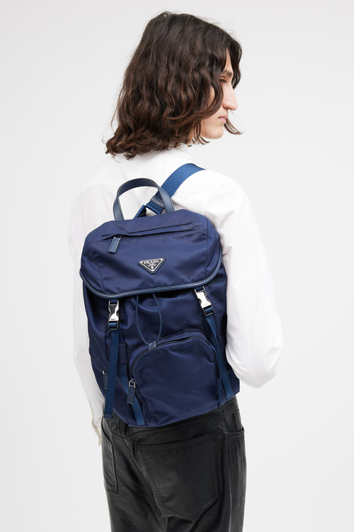 Prada Navy Re-Nylon Buckle Backpack