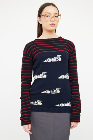 Prada Navy 
Multi Racecar Knit Sweater