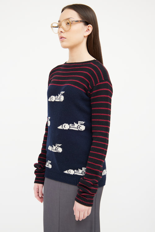 Prada Navy 
Multi Racecar Knit Sweater