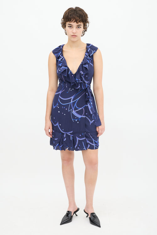 Prada Navy Silk Printed Flounced Wrap Dress