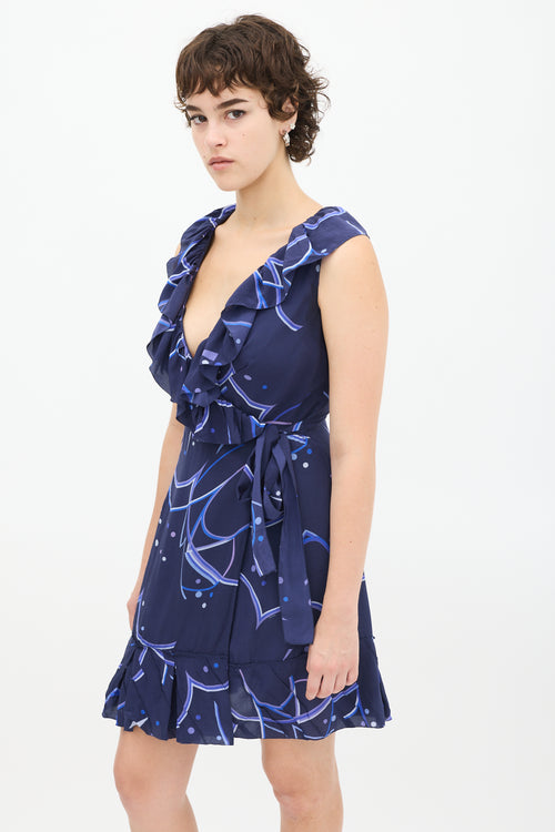 Prada Navy Silk Printed Flounced Wrap Dress