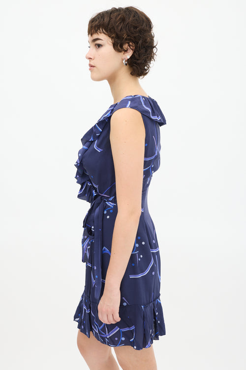 Prada Navy Silk Printed Flounced Wrap Dress