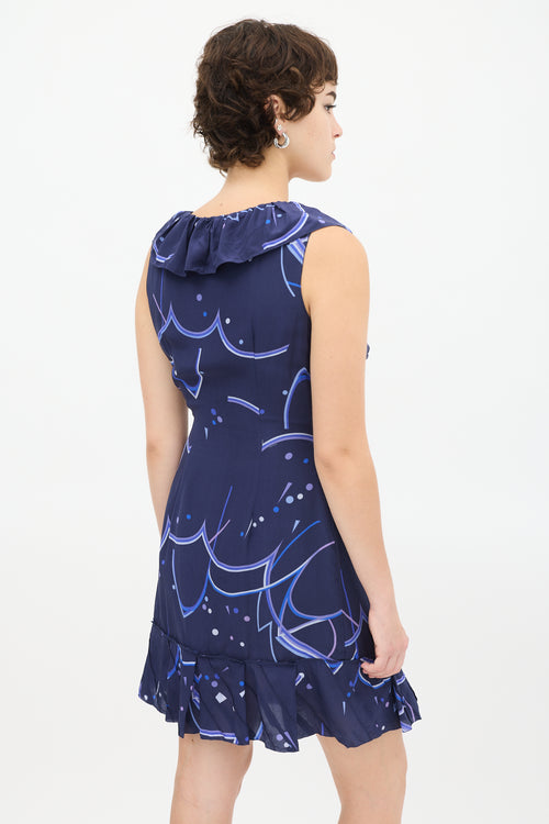 Prada Navy Silk Printed Flounced Wrap Dress