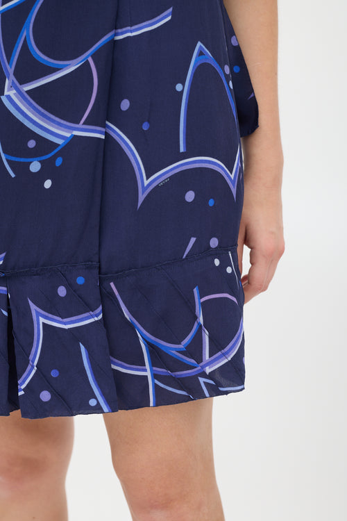 Prada Navy Silk Printed Flounced Wrap Dress