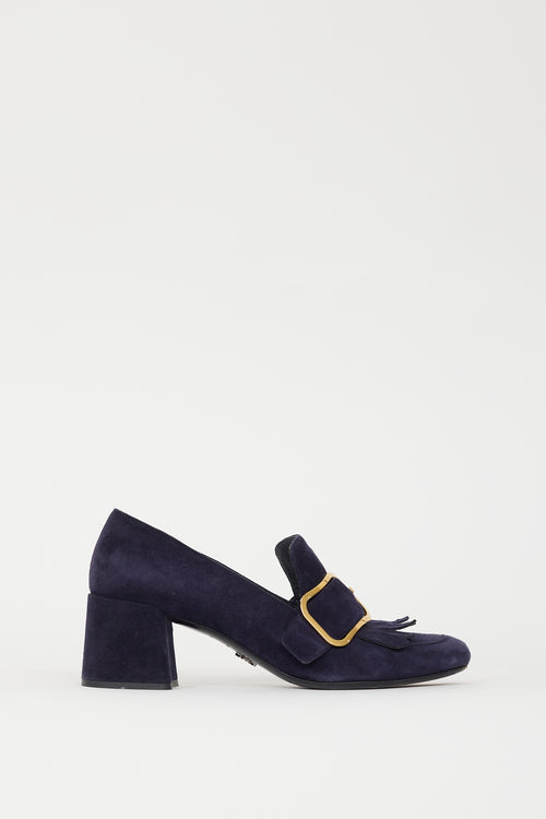 Prada Navy Suede 
Gold Buckle Pump