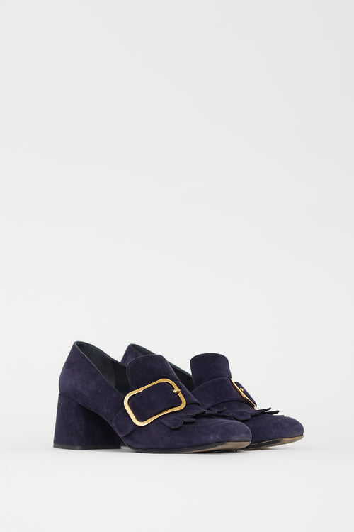 Prada Navy Suede 
Gold Buckle Pump