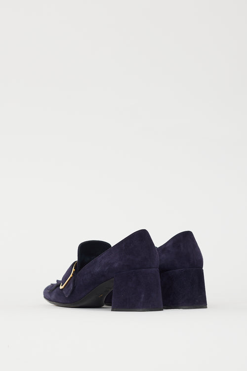 Prada Navy Suede 
Gold Buckle Pump