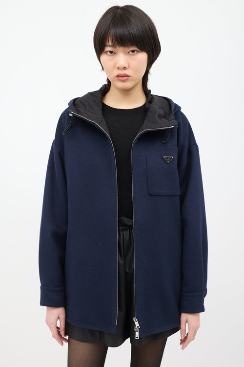 Prada Navy Wool Belted Logo Jacket