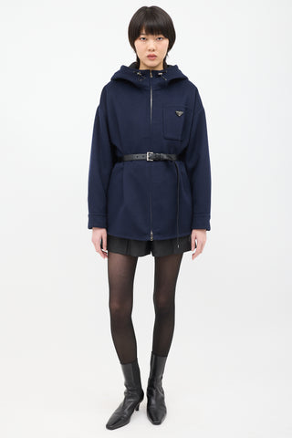 Prada Navy Wool Belted Logo Jacket