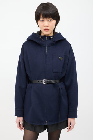 Prada Navy Wool Belted Logo Jacket