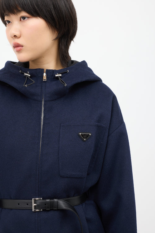 Prada Navy Wool Belted Logo Jacket