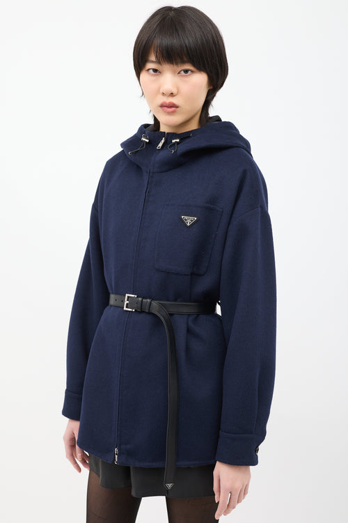 Prada Navy Wool Belted Logo Jacket